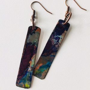 Blue Purple Green Copper Patina Bar Earrings